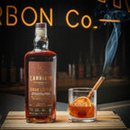 Bottle of Larrikin Cigar Lounge Finished In Cognac, Amburana, Jaca, Maderia & Maple Barrels Kentucky Straight Bourbon Whiskey 9 Years Old 750ml with a cocktail glass and a cigar