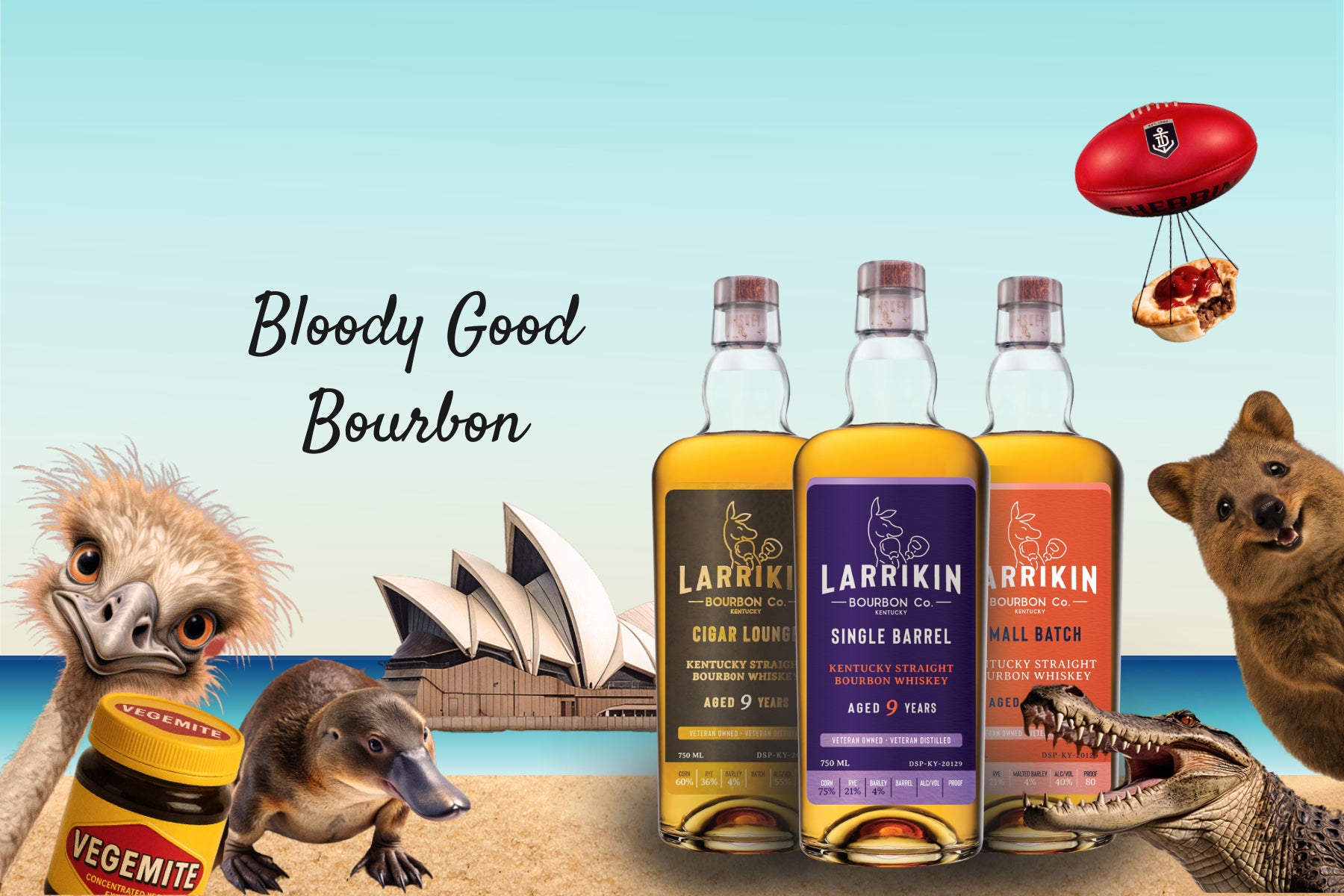 A banner with three bottles of Larrikin bourbon, some Australian animals and it reads Bloody Good Bourbon